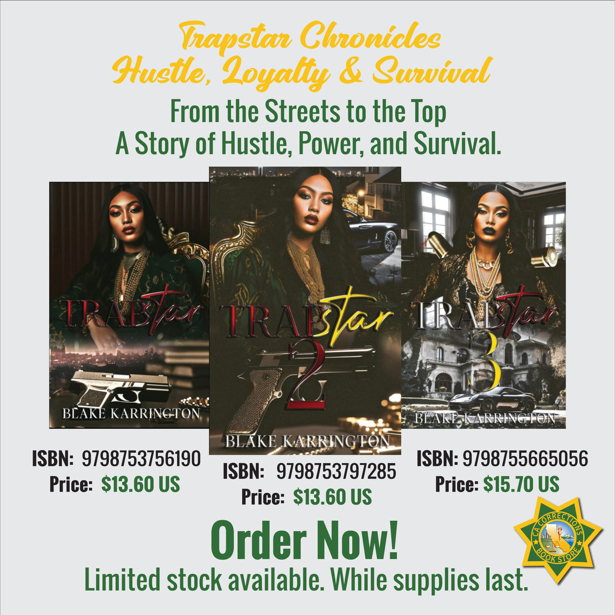Trapstar Chronicles book bundle by Blake Karrington featuring multiple books on hustle, loyalty, and survival.