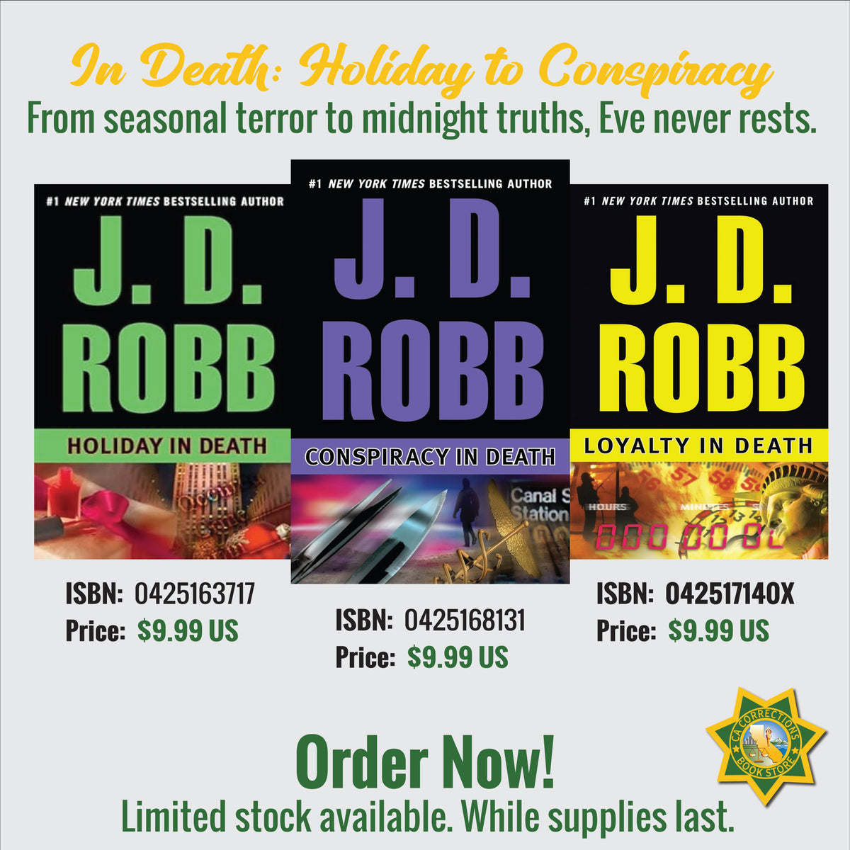 In Death Holiday to Conspiracy bundle featuring Holiday in Death, Conspiracy in Death, and Loyalty in Death
