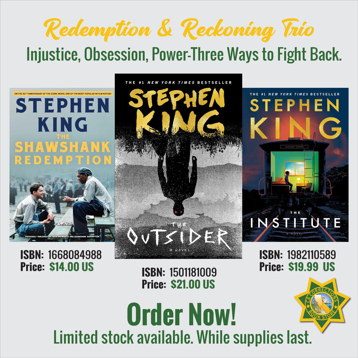 Redemption & Reckoning Trio with The Shawshank Redemption, The Outsider, and The Institute by Stephen King