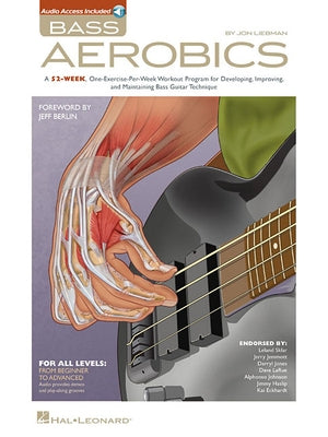 Bass Aerobics book by Hal Leonard Publishing, paperback with accompanying online audio and CD, featuring bass exercise illustrations.