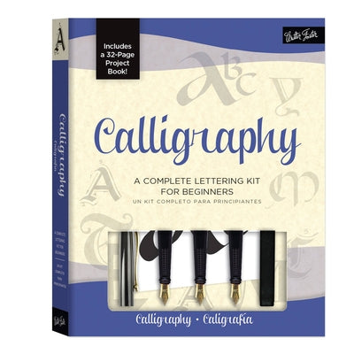 Paperback calligraphy kit by Walter Foster Publishing with pens and paper for beginners, featuring instructional calligraphy tools and materials.