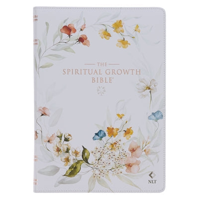 The Spiritual Growth Bible, Study Bible, NLT - New Living Translation Holy Bible, Faux Leather, White Printed Floral Bible Christian Art Gifts