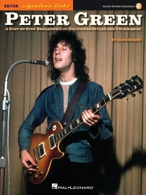 Peter Green signature licks guitar lesson book by Hal Leonard, showing open instructional book with guitar tabs and notes.