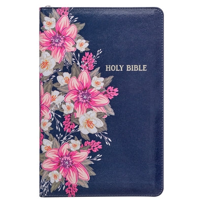 KJV Holy Bible Standard Size Faux Leather Red Letter Edition - Thumb Index & Ribbon Marker, King James Version, Blue Floral, Zipper Closure Bible Christian Art Gifts