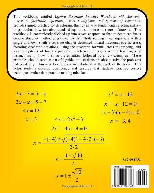 Algebra Essentials Practice Workbook with Answers: Linear & Quad - CA Corrections Bookstore
