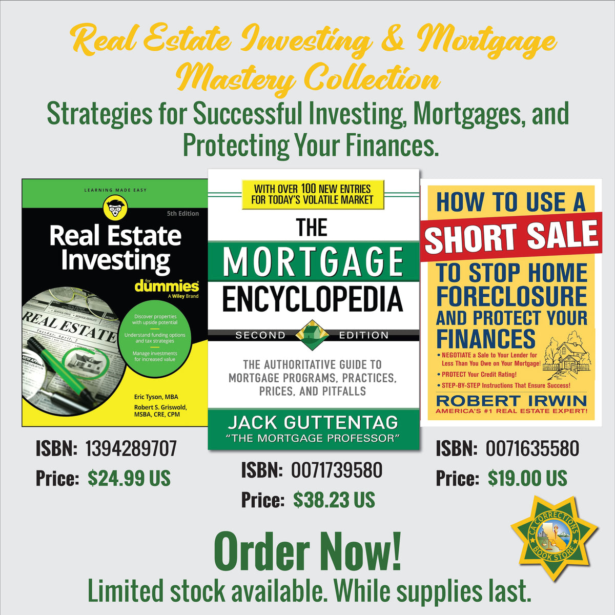 Real Estate Investing and Mortgage Mastery Collection featuring three investing, mortgage, and short-sale books