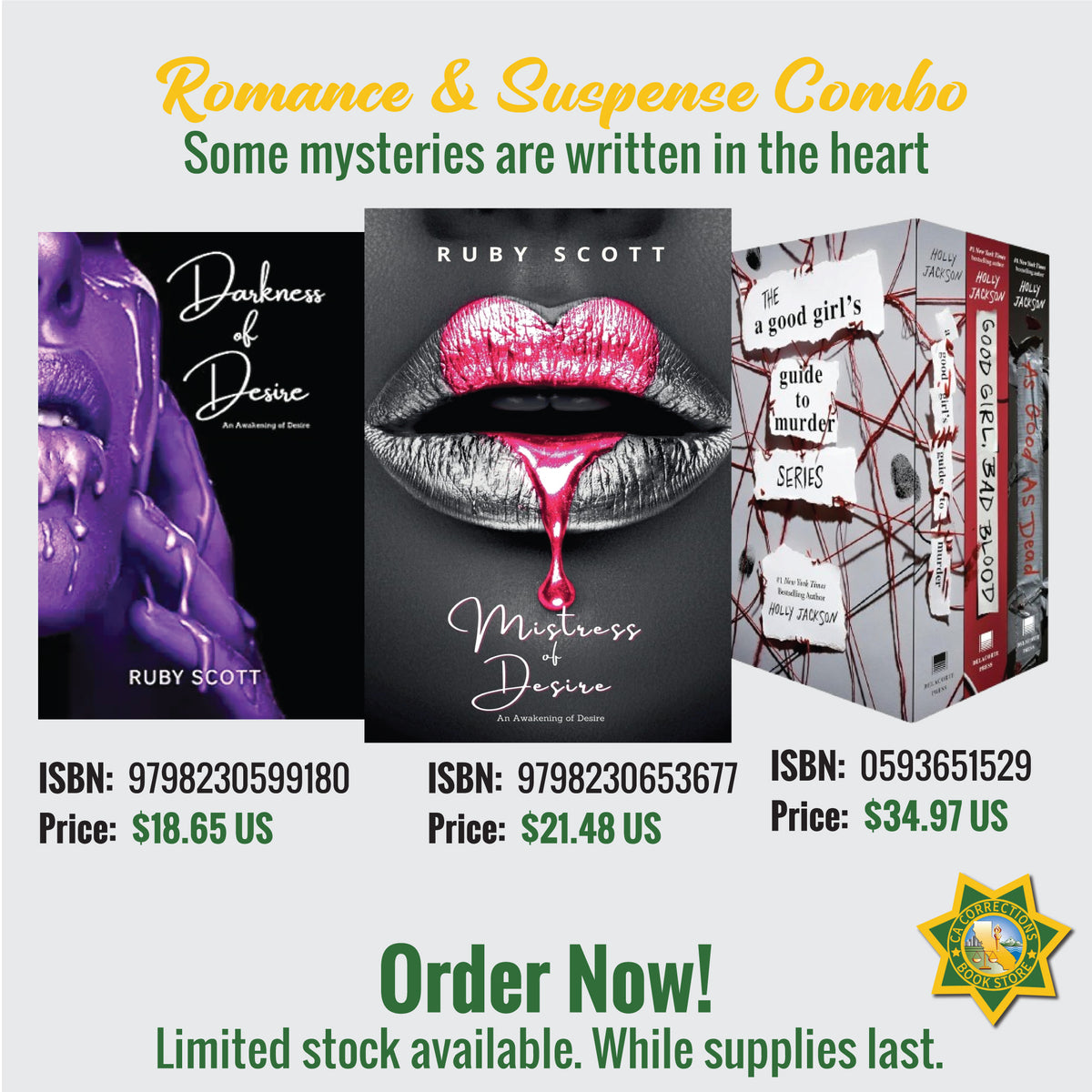 Romance and Suspense Combo featuring Darkness of Desire, Mistress of Desire, and A Good Girl's Guide to Murder series boxed set