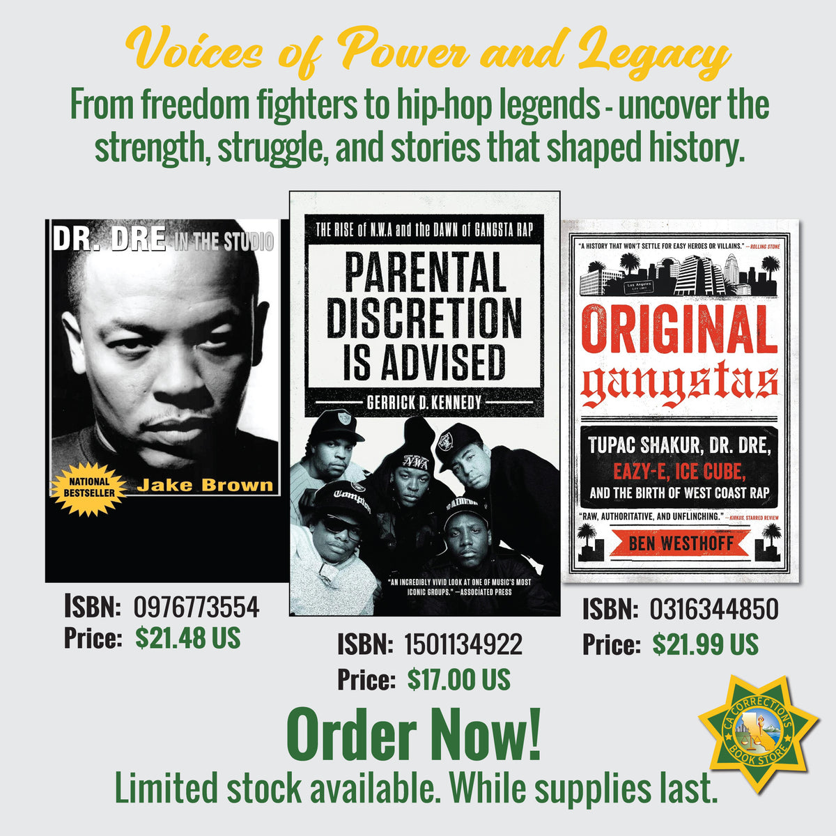 Book bundle featuring Voices of Power and Legacy: West Coast Hip-Hop, showcasing diverse authors and vibrant cover art.