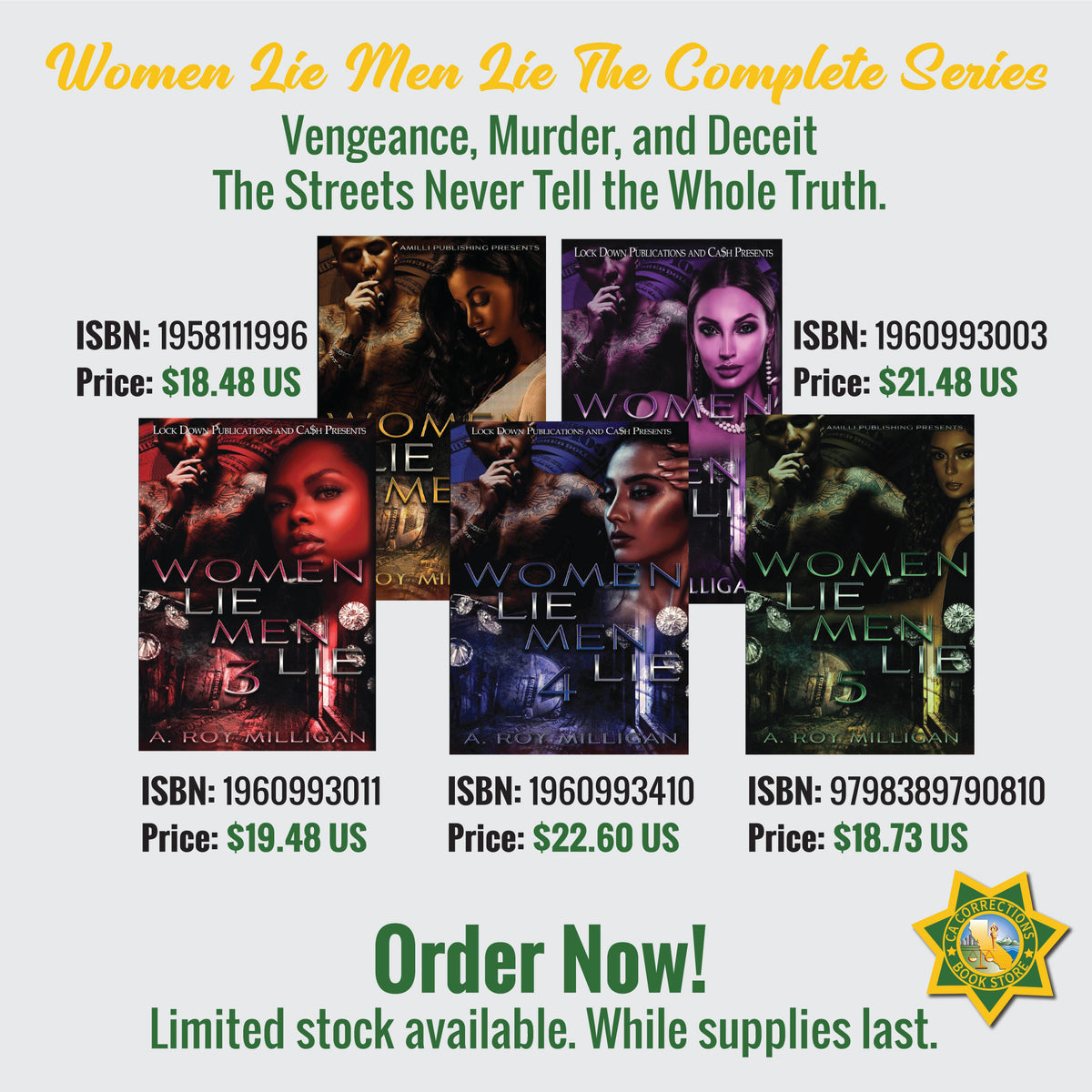 Complete series bundle of "Women Lie Men Lie" book set by A. Roy Milligan, showing the collection of books with colorful covers.