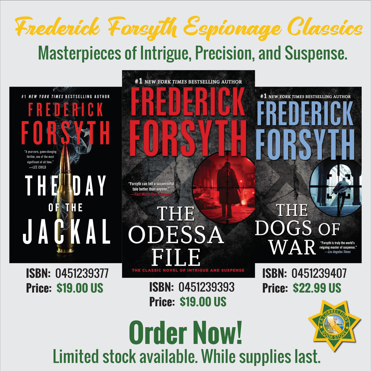 Frederick Forsyth Espionage Classics featuring The Day of the Jackal, The Odessa File, and The Dogs of War