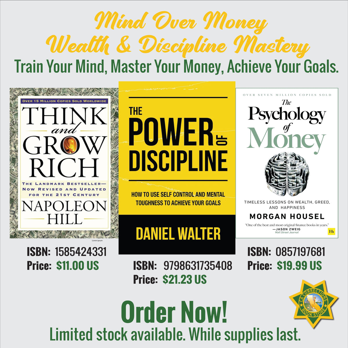 Mind Over Money bundle featuring Think and Grow Rich, The Power of Discipline, and The Psychology of Money