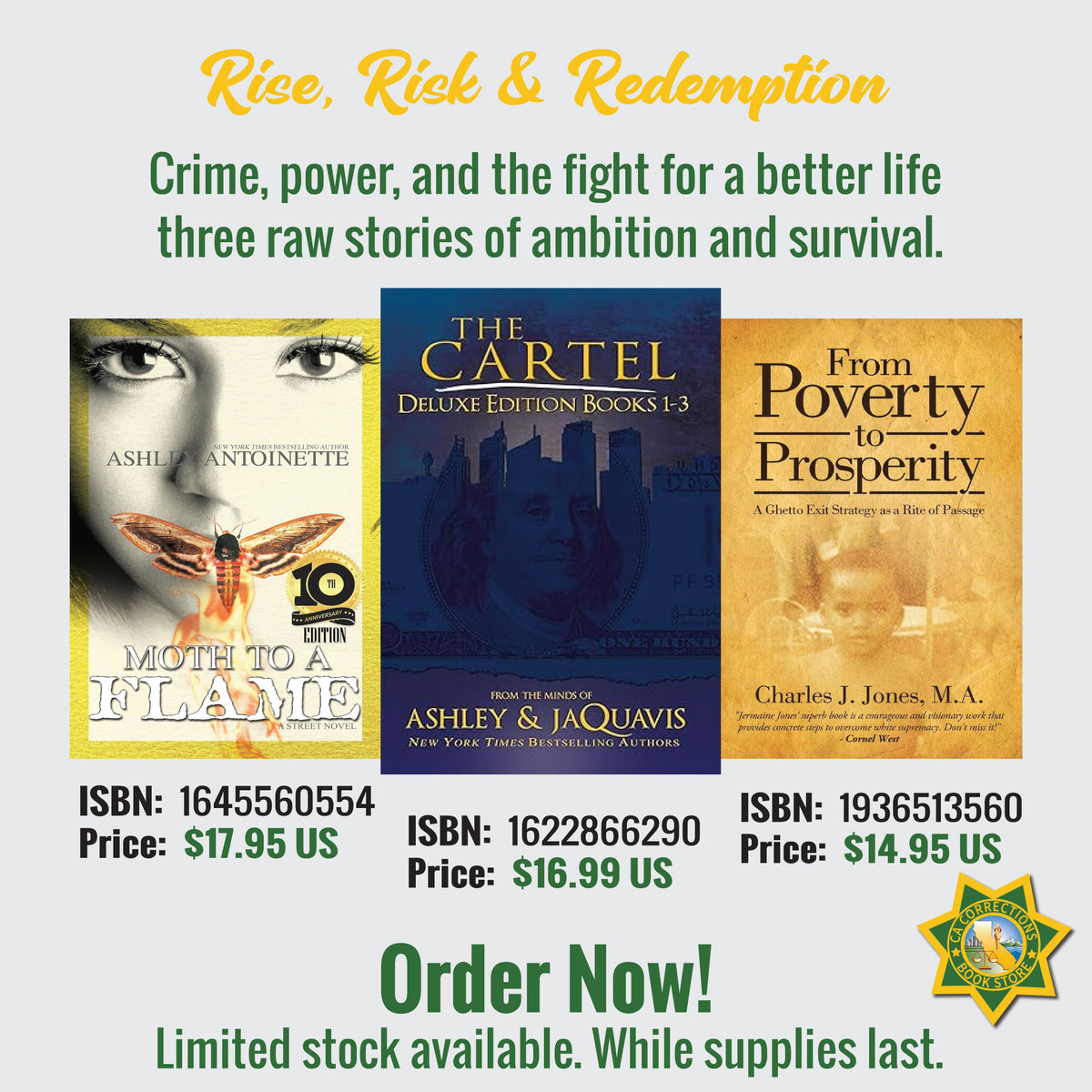 Rise, Risk and Redemption bundle featuring Moth to a Flame, The Cartel Deluxe Edition Books 1–3, and From Poverty to Prosperity