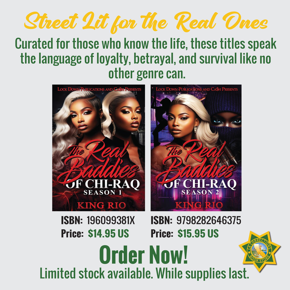 Book bundle of The Real Baddies of Chi-Raq Seasons 1 & 2 by King Rio, featuring street-lit covers and bold urban themes.