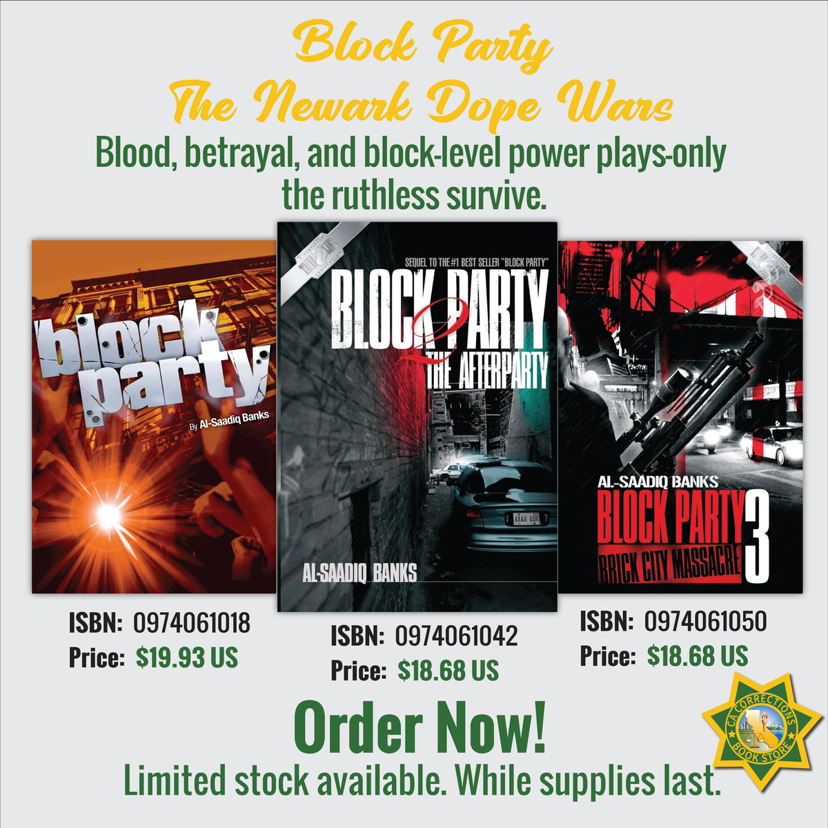 Book bundle titled "Block Party: The Newark Dope Wars" by Al-Saadiq Banks, featuring multiple books in the set.