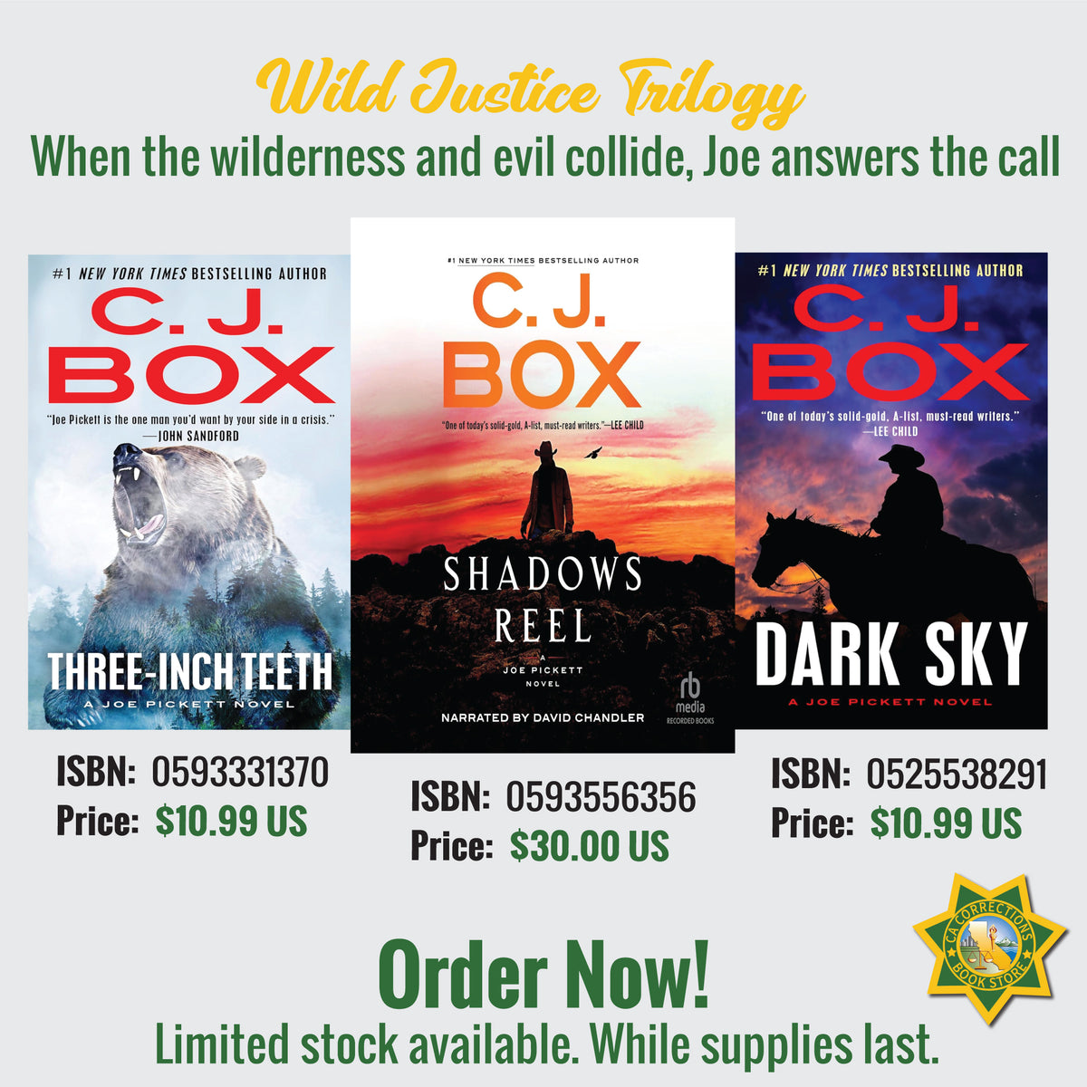 Wild Justice collection featuring Three-Inch Teeth, Shadows Reel, and Dark Sky by C. J. Box