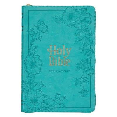 KJV Holy Bible, Thinline Large Print Faux Leather Red Letter Edition - Thumb Index & Ribbon Marker, King James Version, Teal, Zipper Closure Bible Christian Art Publishers
